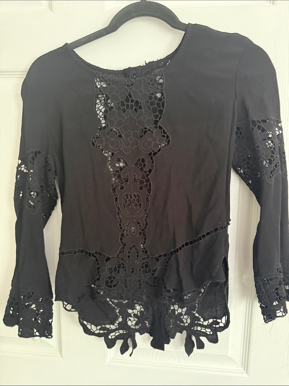 Millau Black Lace-Trim Long Sleeve Blouse
